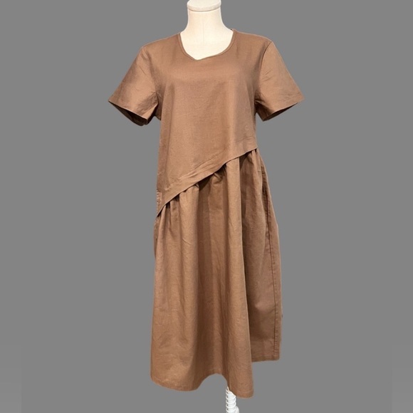 MEOMUA rose gold short sleeve dress for expectant mothers with asymmetrical top - Picture 1 of 14
